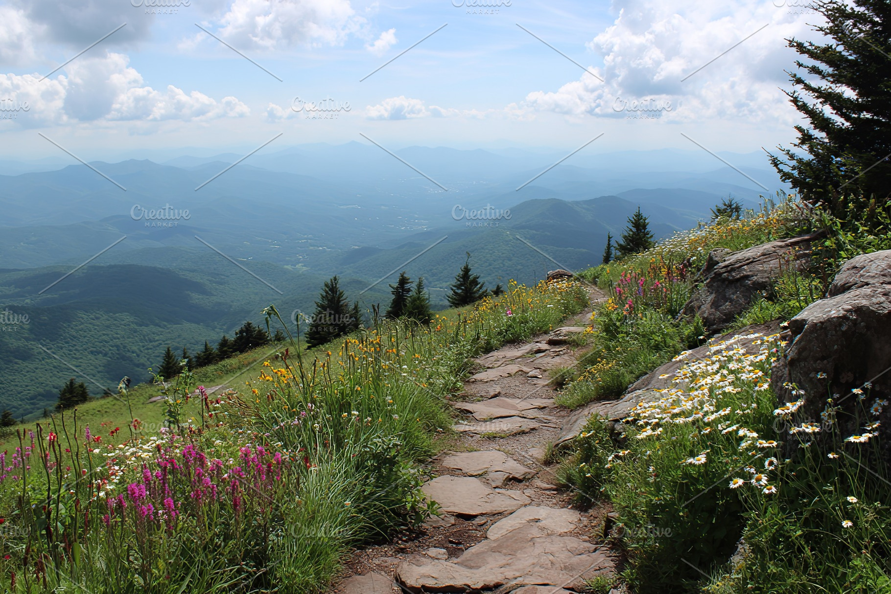 Breathtaking mountain view along a hiking trail surrounded by wildflowers and s, a Nature Photo by AlyaAnd