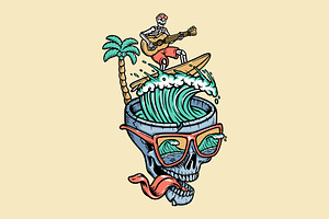 Skull surfing while playing guitar, a Person Illustration by gunaonedesign