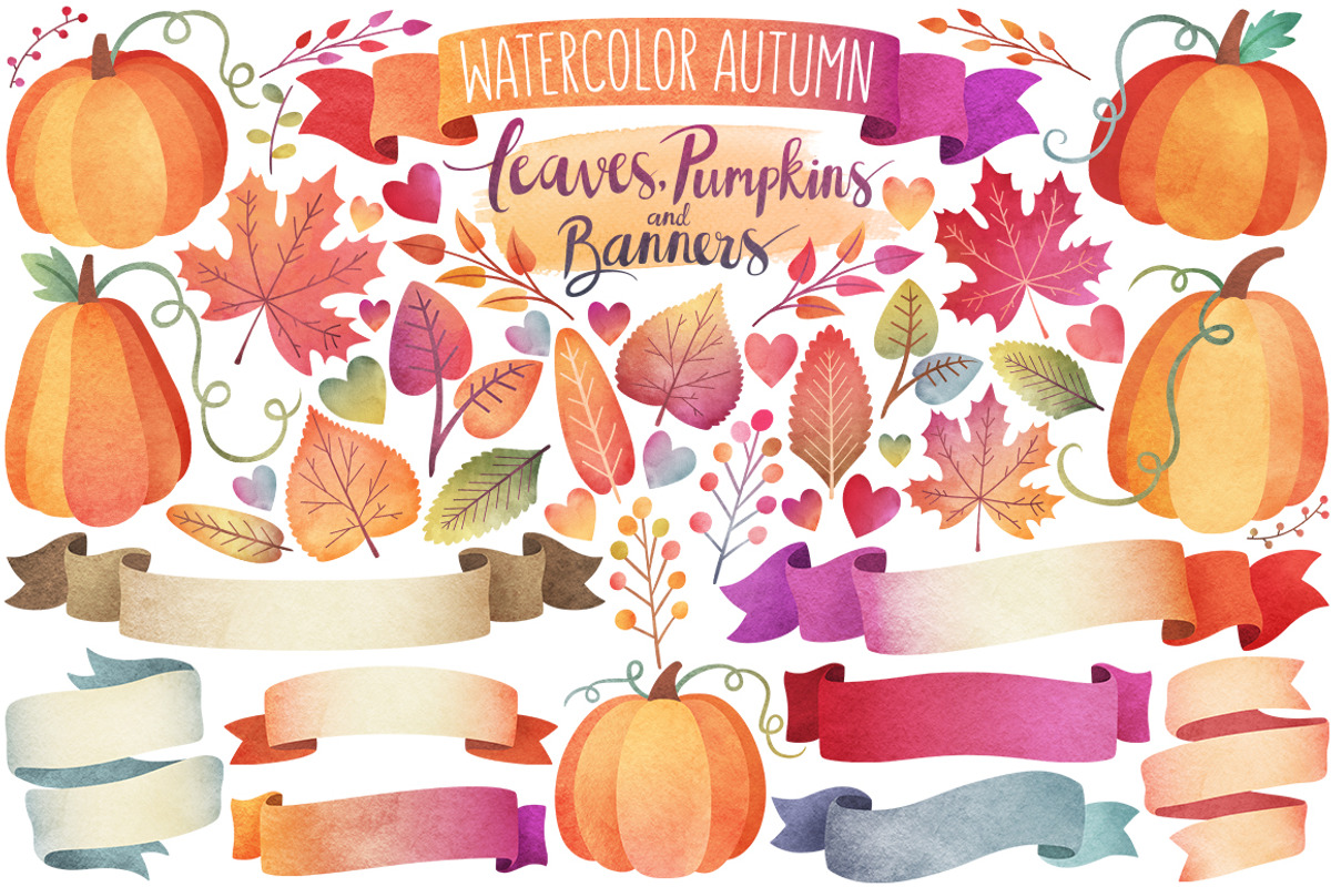 Watercolor Autumn Leaves & Banners, a Decorative Illustration by Kenna Sato Designs