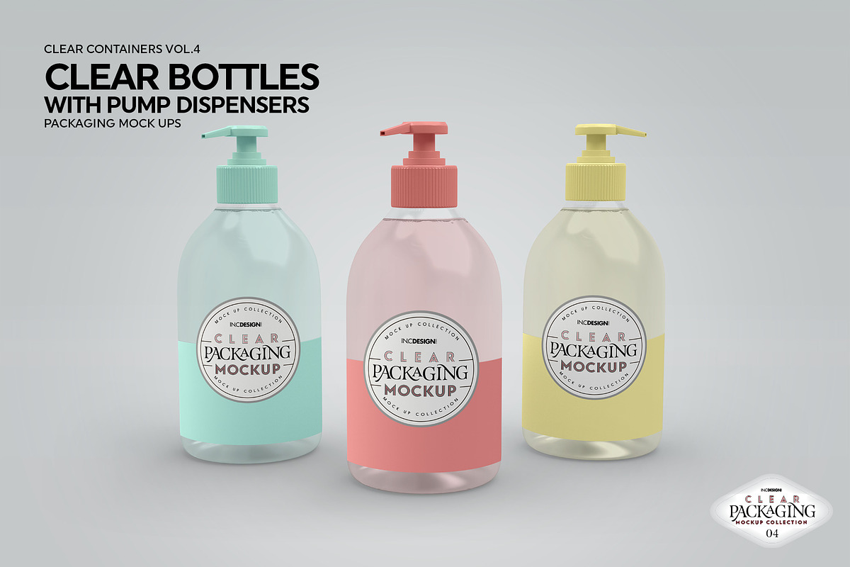 Clear Bottles Pump Dispensers Mockup, a Cups & Container Mockup by INCDesign (Photo 4 of 8)