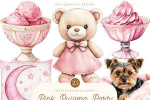 Watercolor Pink Pyjama Party Clipart