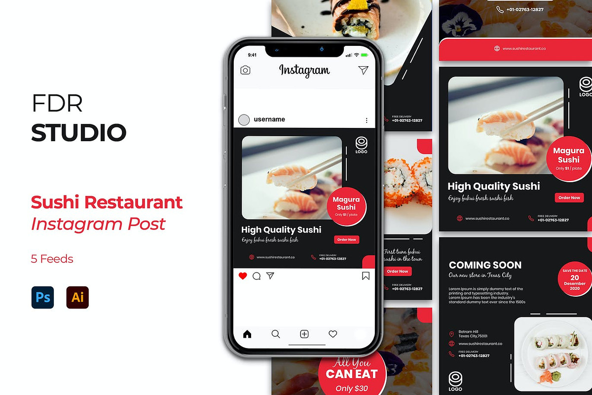 Sushi Restaurant Instagram Post, a Social Media Template by FDR Studio (Photo 1 of 6)