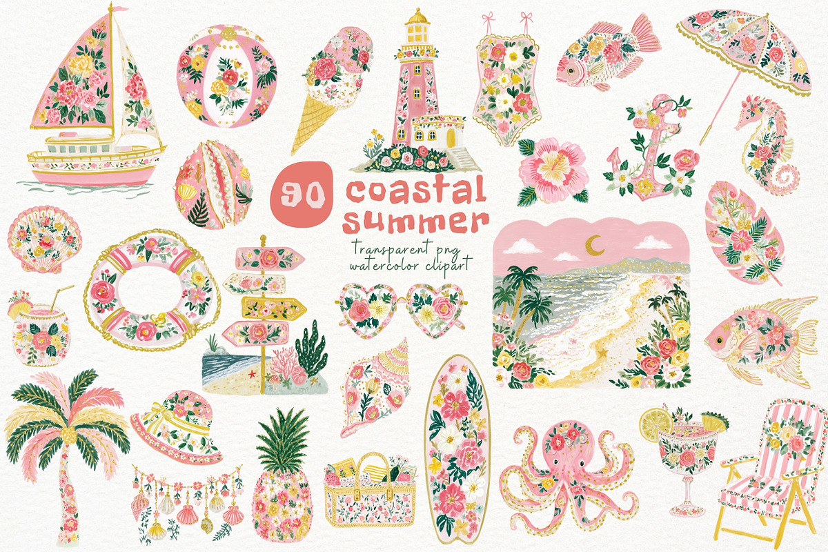 Coquette Coastal Watercolor PNG, a Seasonal Illustration by Nicolle's Colorful Art (Photo 1 of 5)
