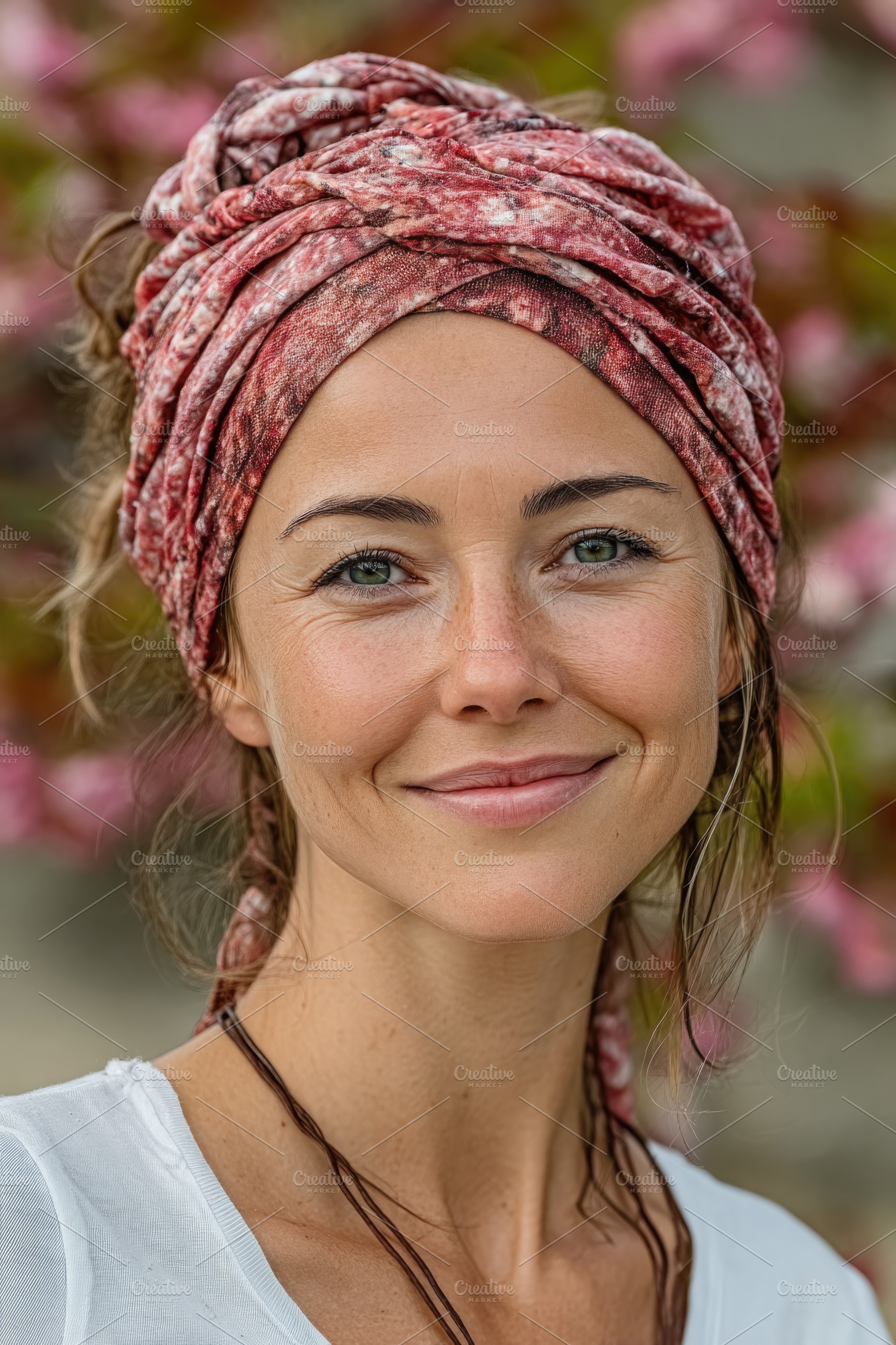 Smiling woman wearing patterned headscarf in flower garden, a Person Photo by José Manuel Gelpi