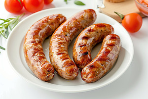 Tasty english breakfast with sausages on white background, a Food & Drink Photo by AlyaAnd
