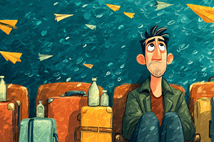 Lonely traveler sits among suitcases as paper planes fly overhead in busy termi, a Photo by AS photostudio