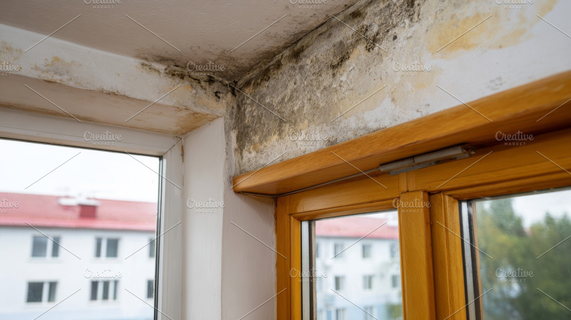 A close-up of water damage and mold growth in a window corner, highlighting ind, a Person Photo by ImageMir