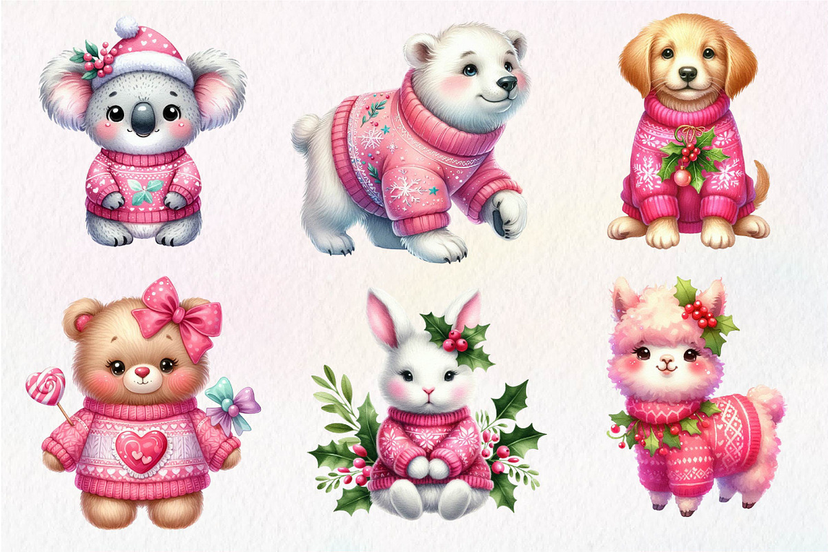 Pink Animals Christmas Clipart, an Illustration by Dream Creation (Photo 3 of 7)