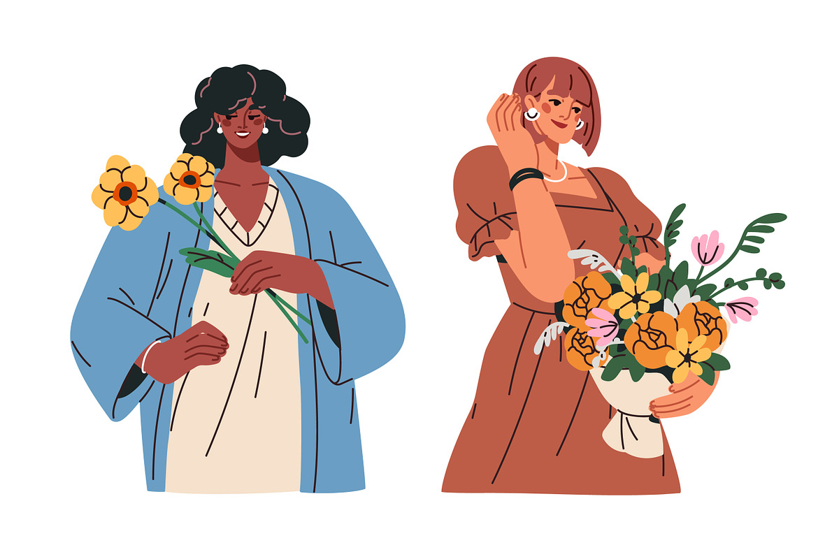 Happy women with flower bouquets set, a Person Illustration by Good Studio (Photo 4 of 12)