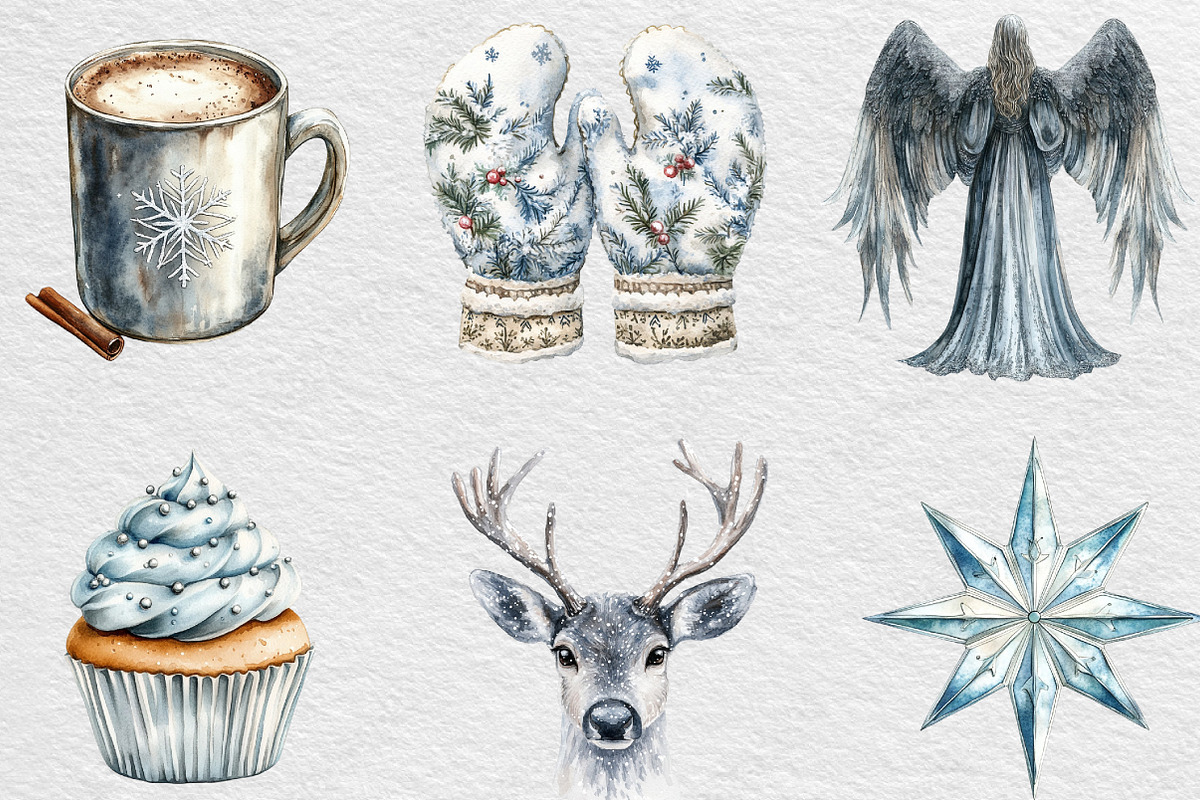 Silver Christmas Watercolor Clipart, an Illustration by Black Bird Studio (Photo 4 of 6)