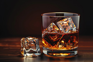 Glass of scotch whiskey and ice on wooden table, a Food & Drink Photo by AlyaAnd