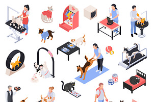 Pet Services Isometric Icons Set