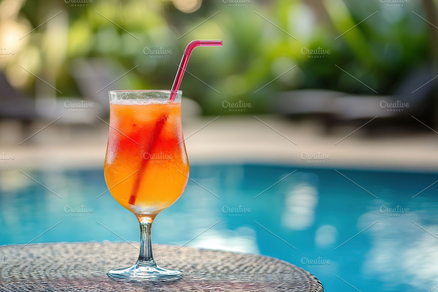Vibrant cocktail served on a table by a sparkling poolside during a sunny after, a Food & Drink Photo by AlyaAnd