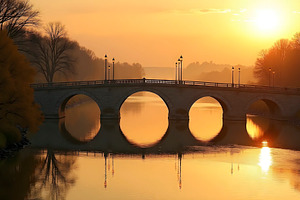 Golden Sunrise Over Bridge And Calm, a Photo by LOGOCREATIVE