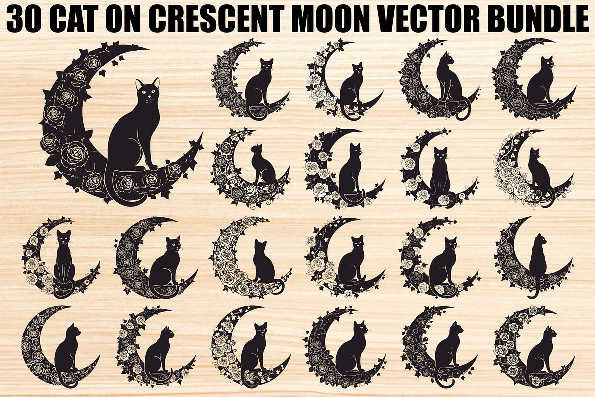 Cat on Crescent Moon Bundle, an Illustration by jahid234 (Photo 1 of 31)