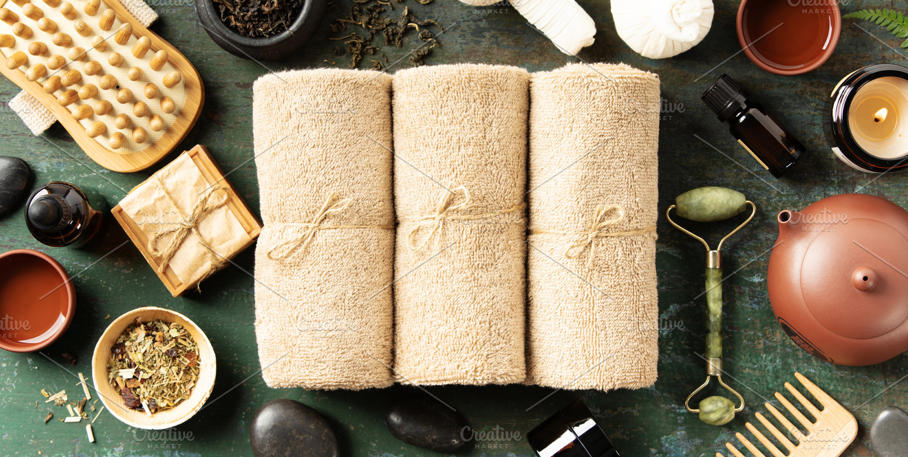 Luxury Spa Flatlay with Towels, Tea, and Natural Wellness Tools, a Food & Drink Photo by Natalia Klenova's Shop