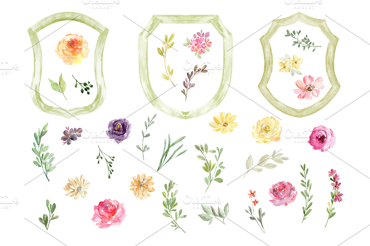 Watercolor Crests & Flowers & Frames, a Decorative Illustration by GraphicsDish (Photo 2 of 4)