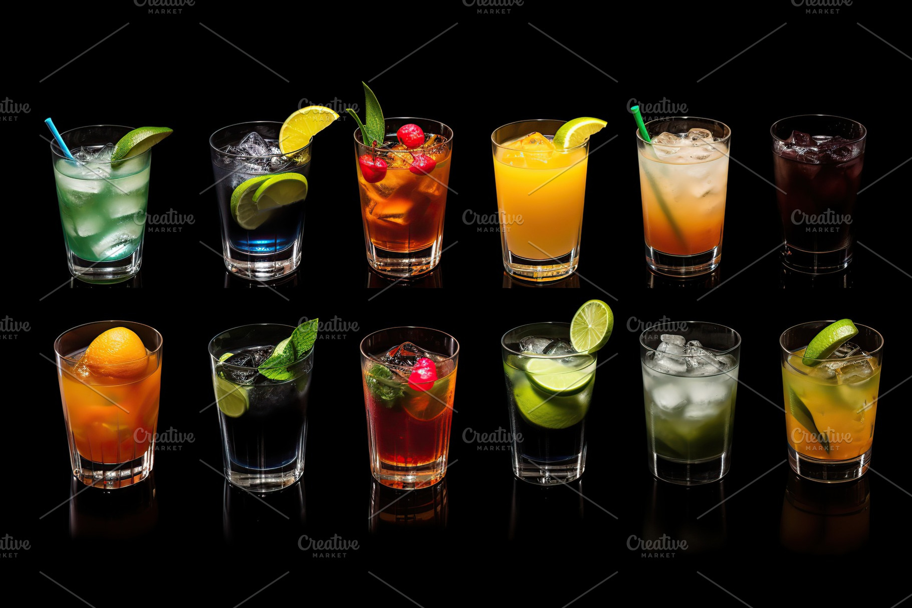 Different alcohol cocktails on black background, a Food & Drink Photo by AlyaAnd