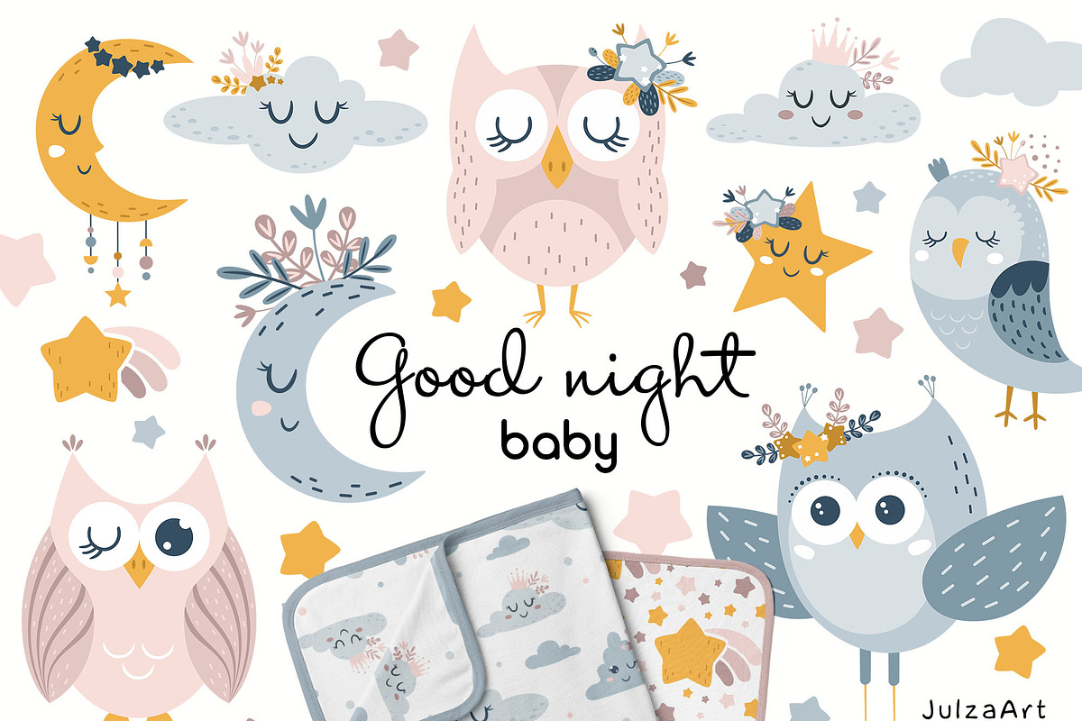 Good night baby clipart & patterns, an Object Illustration by JulzaArt (Photo 1 of 10)