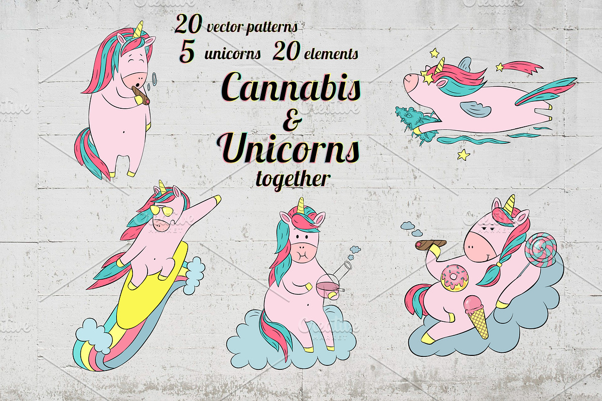 Vector cannabis & unicorns patterns, a Background Graphic by lenavetka87 (Photo 1 of 10)