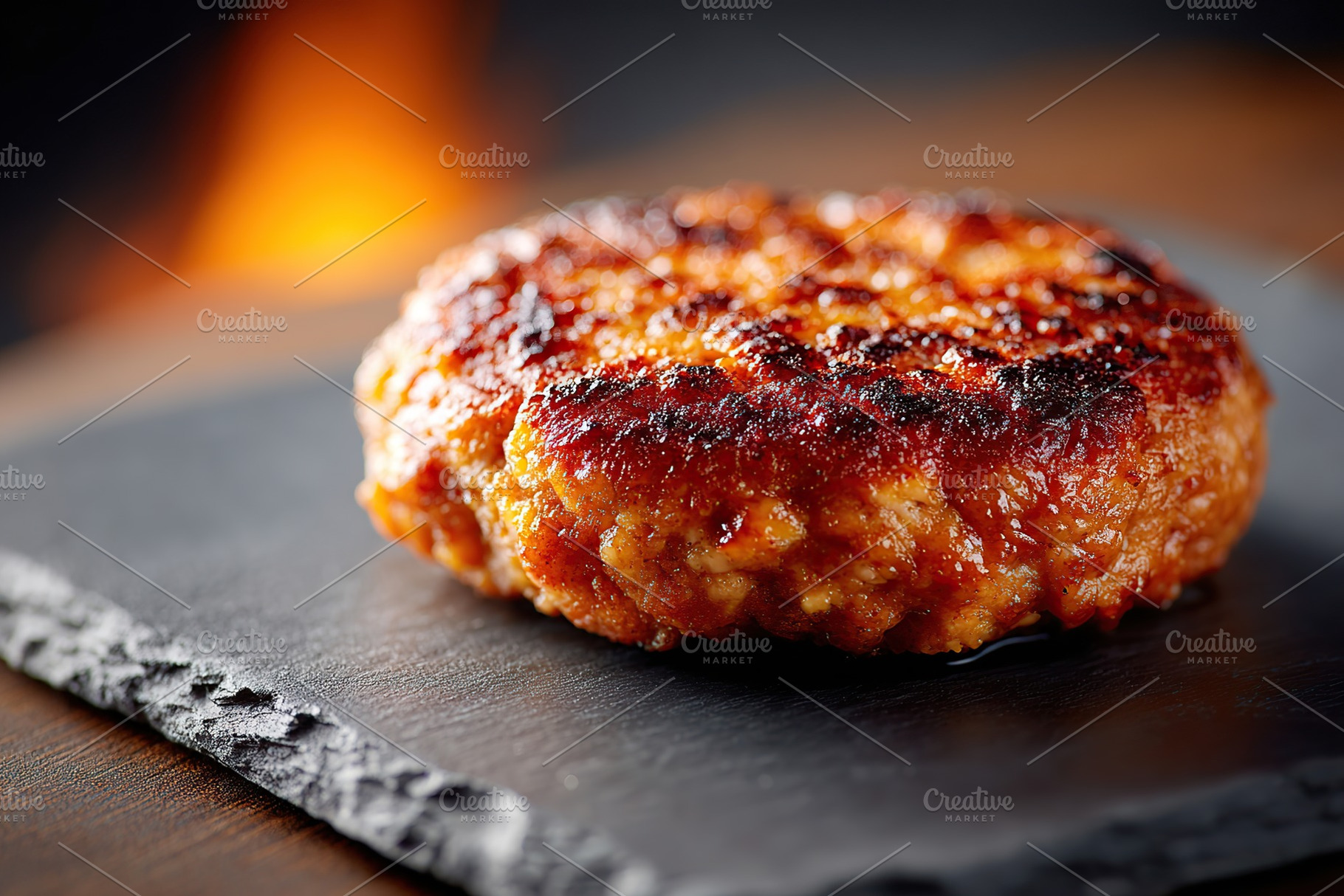 Grilled patty resting on a slate plate with a hint of smoky flavor and spices, a Food & Drink Photo by AlyaAnd