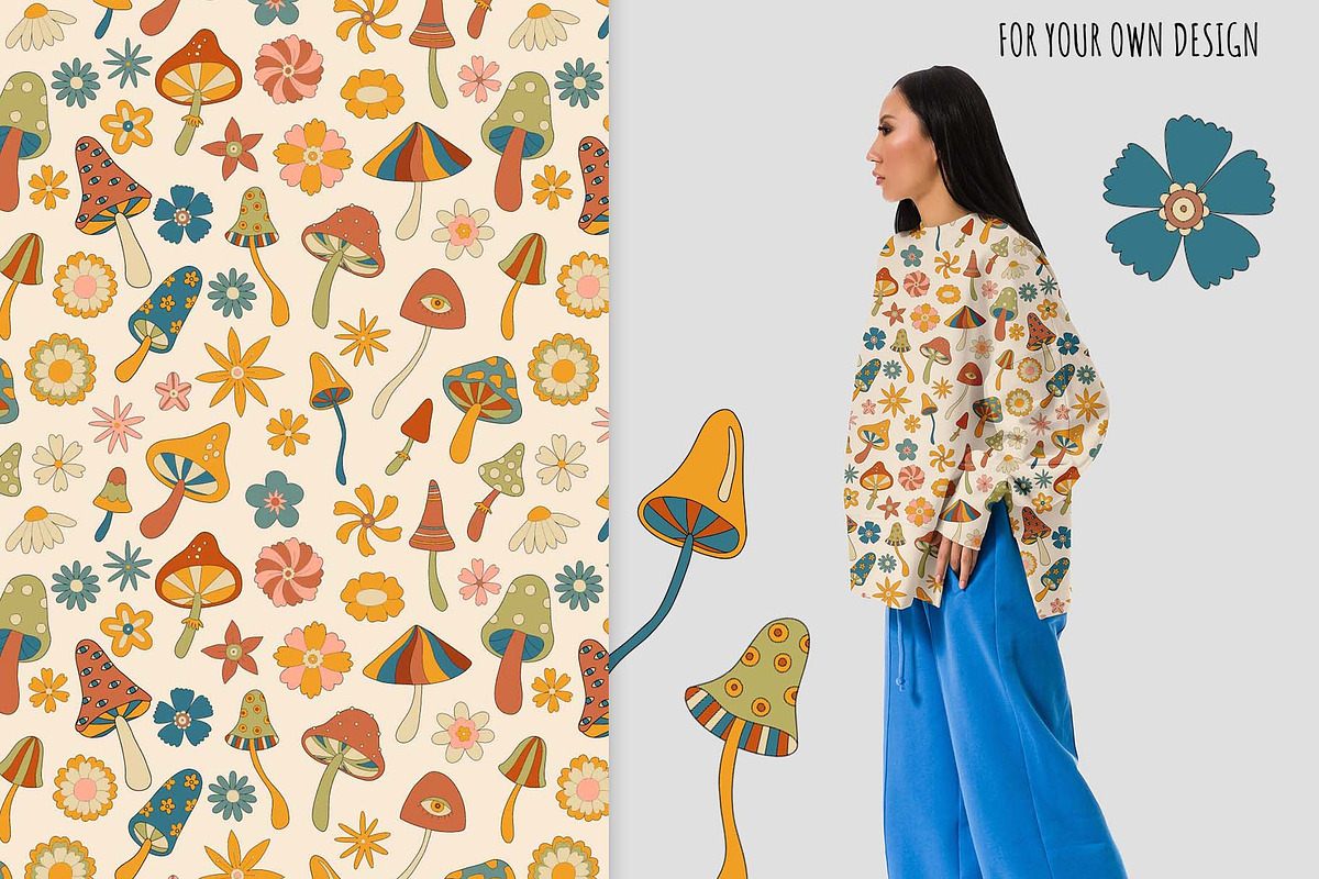 Magic Mushrooms Retro Vector Clipart, a Pattern Graphic by Irina Ostapenko (Photo 5 of 8)