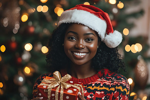 Cute young american woman in christmas sweater and santa hat holding in hands g, a Photo by AlyaAnd