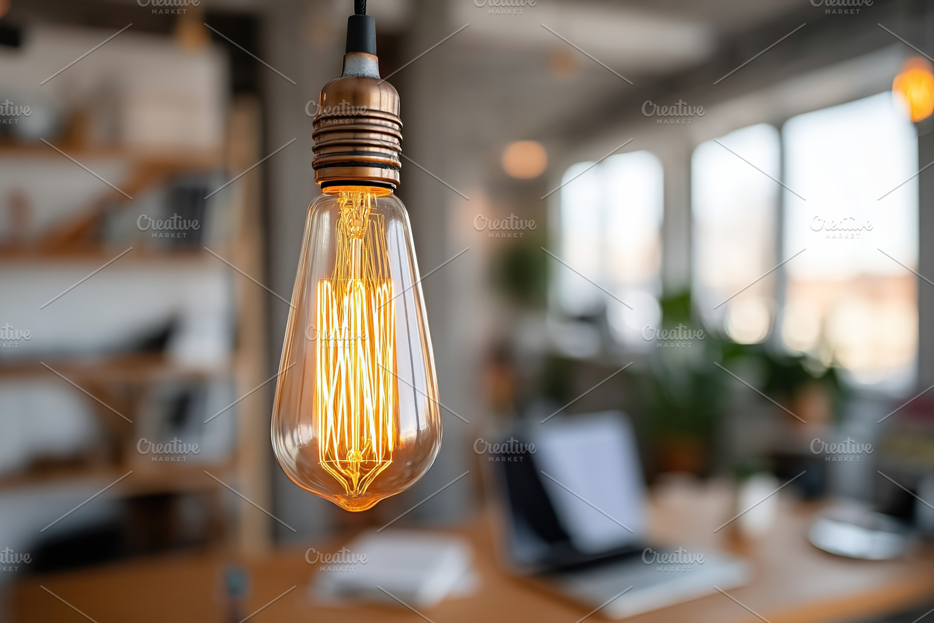Vintage light bulb illuminating a modern workspace in a bright, open office set, a Photo by AlyaAnd