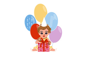 Baby girl opening birthday gift, an Object Illustration by pikepicture