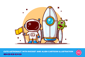 Cute Astronaut With Rocket And Alien