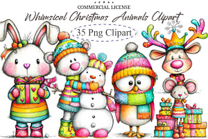 Whimsical Christmas Animals Clipart, an Illustration by designcity5