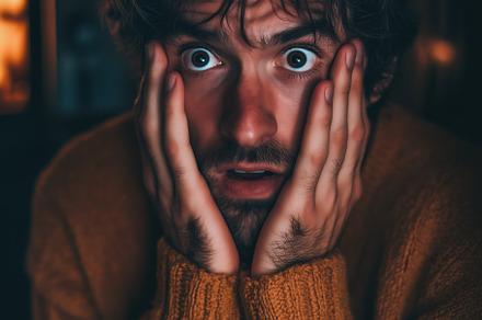 A young man with messy hair and wide eyes looks shocked or surprised, holding h, a Person Photo by Textures & Backgrounds