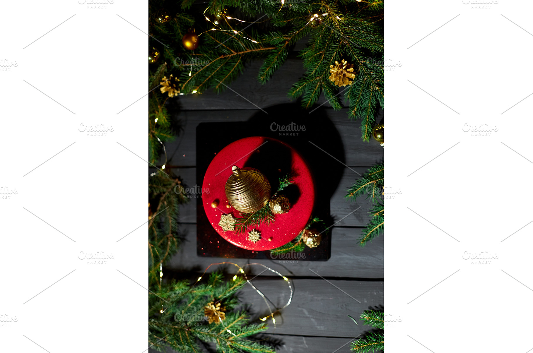 Festive Red Cake Adorned With Golden, a Holiday Photo by IlliaBondarPhotography
