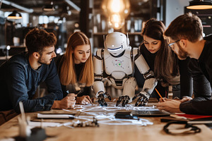 Group of people collaborating with a, a Photo by Tanuart