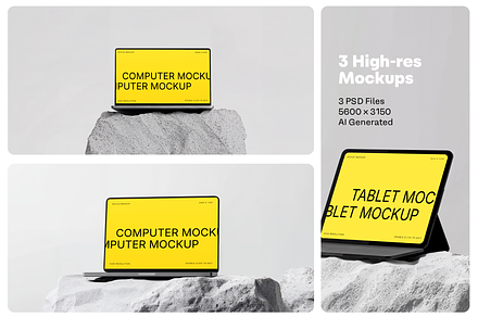 3 Computer Mockups on White Stone, a Mac Mockup by rodrigofkaminski