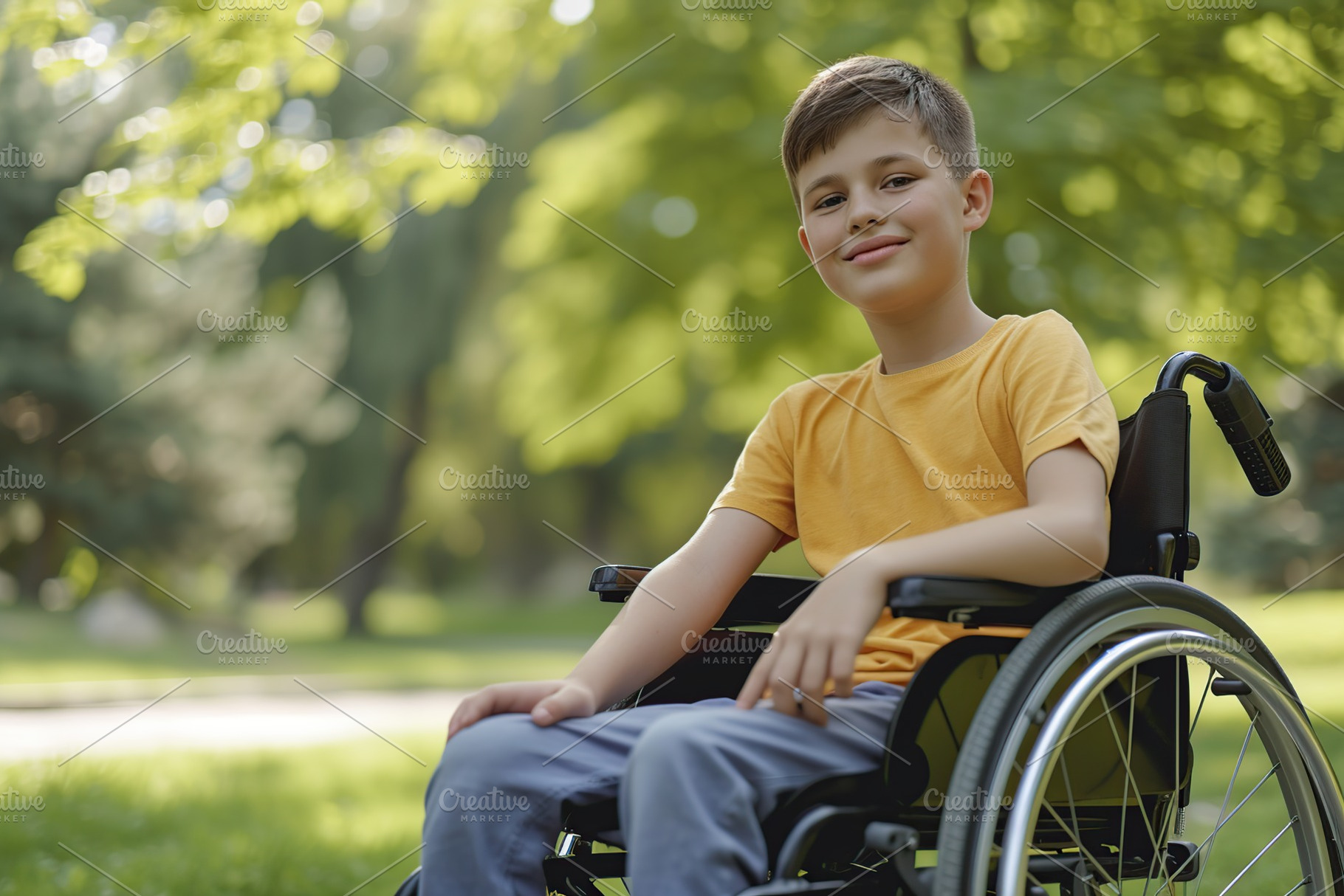 Disabled little boy sitting in wheelchair in the park, a Photo by AlyaAnd
