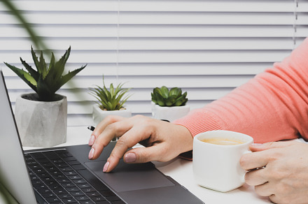 woman in a pink sweater works on a laptop, in hand a white cup w, a Technology Photo by ndanko