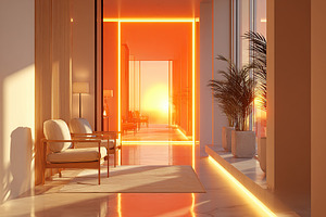 Motion-activated corridor bathed in warm sunset glow with stylish decor element, a Background Photo by AlyaAnd