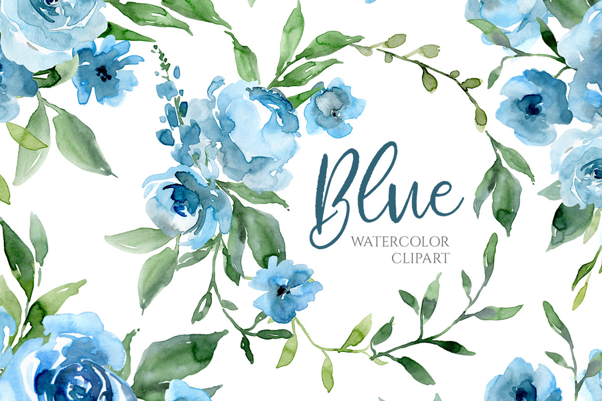 Blue Watercolor Flowers Green Leaves, an Illustration by GraphicsDish (Photo 1 of 5)