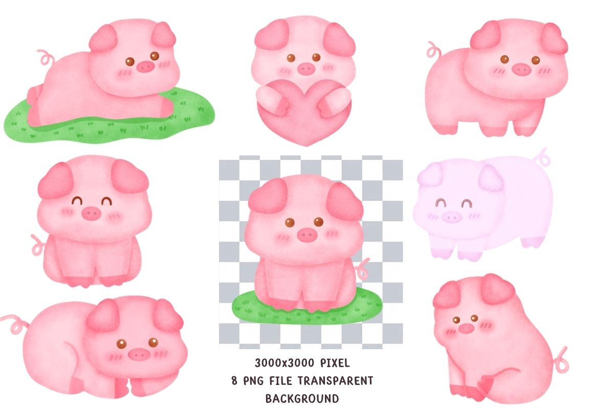 Cute Pig Watercolor Clipart Set, an Animal Illustration by Nattapohncha (Photo 2 of 3)
