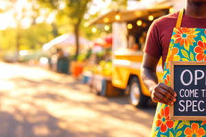 Outdoor market vendor holding open s, a Photo by Dvoevnore photos