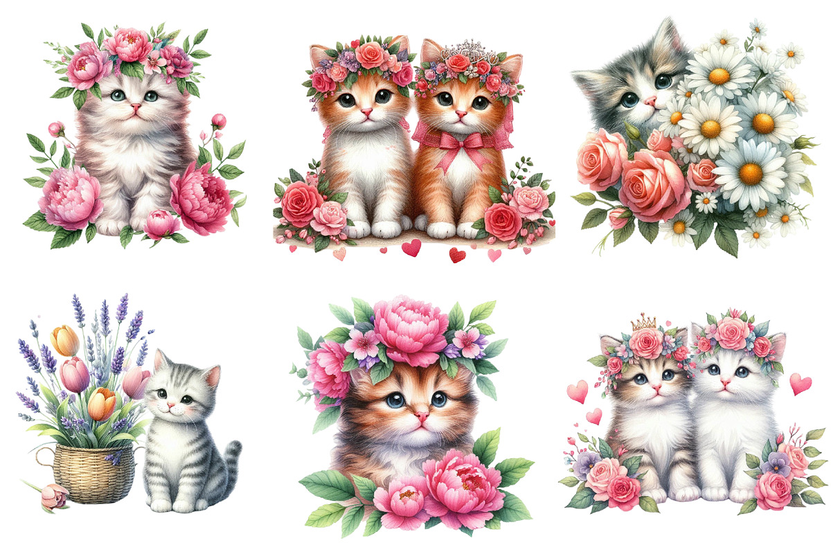 Floral Cute Cat Clipart Bundle, an Illustration by DreamArtGraphic (Photo 2 of 4)