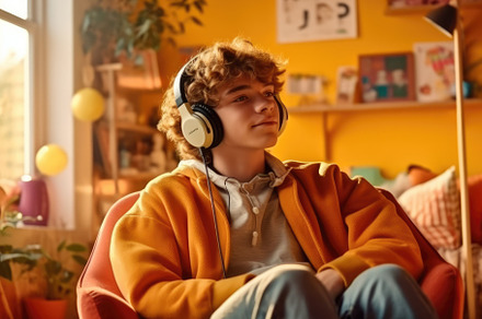 Adolescent boy listening to music with fun headphones in his roo, a Person Photo by designvectx