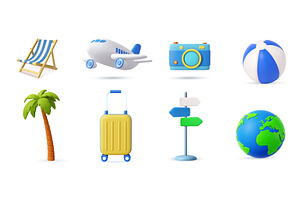 3D Travel and Vacation Icon Set on, an Object Illustration by ModVector