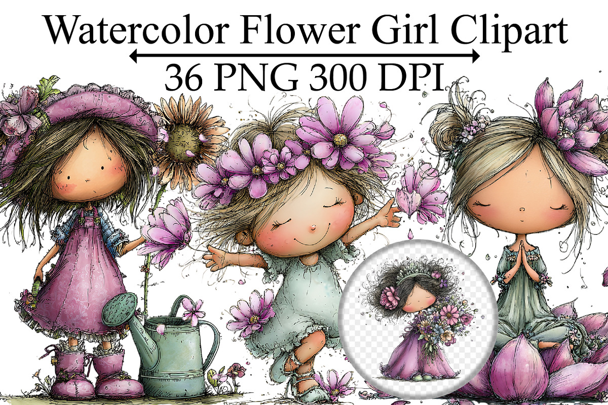 Watercolor Flower Girl Clipart, an Illustration by Design Market (Photo 1 of 5)