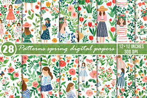 Garden spring girls seamless pattern, an Illustration by SinaCreation