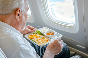 Elderly man enjoys meal on airplane, a Photo by Dvoevnore photos
