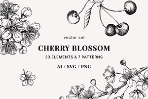 Vintage Cherry Blossom Vector Set