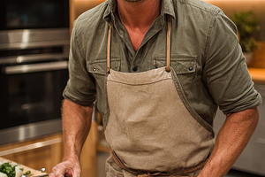 Happy man grilling vegetables and me, a Photo by Pixeness Studio