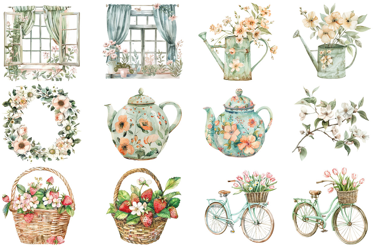Pastel Spring Cottage Clipart Bundle, an Illustration by DreamCafeArt (Photo 4 of 8)